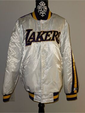 STARTER White Lakers Satin Jacket with Purple and Gold Trim
